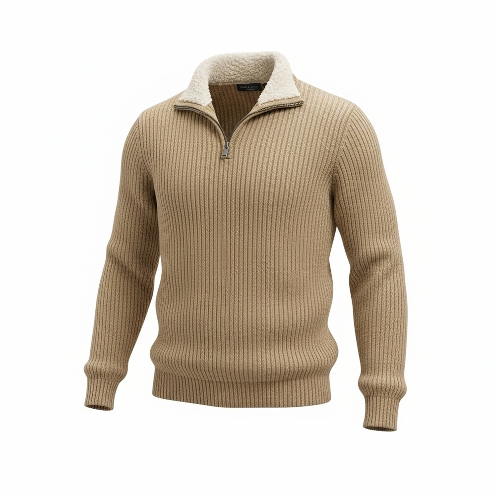 Oscar De La Renta Sweater Brown Knit 1/4 Zip Sherpa Collar Men's Size M